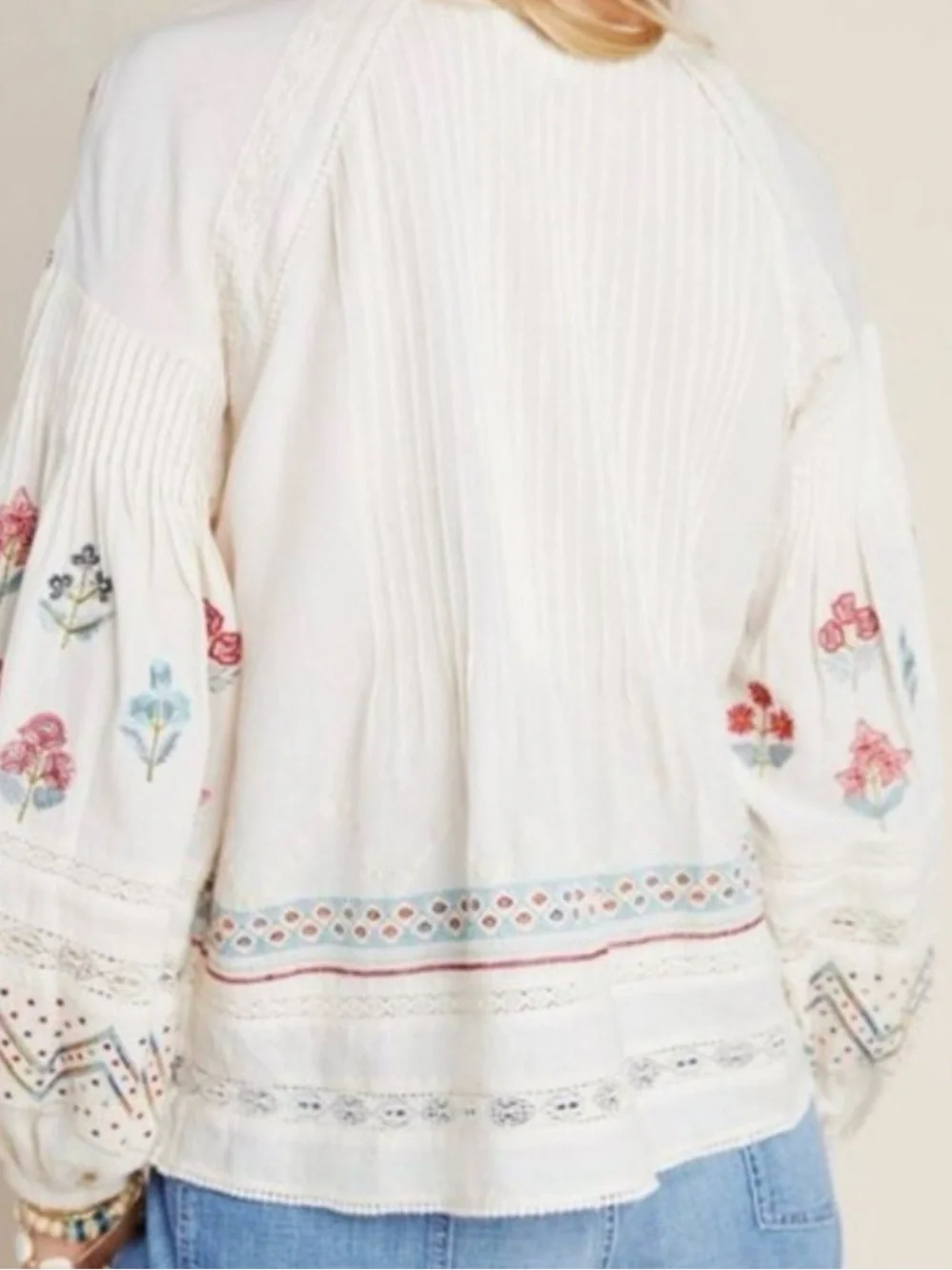 By Anthropologie Kayla Top Small Boho Peasant Lace Embroidered Puff Sleeve Shirt